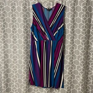 Purple, aqua, rose dress.